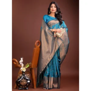 Banarasi Silk Printed Saree With Unstitched Blouse 5.5Mtr (Blue)