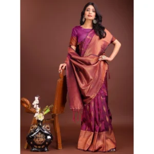 Banarasi Silk Printed Saree With Unstitched Blouse 5.5Mtr (Purple)