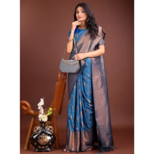 Banarasi Silk Printed Saree With Unstitched Blouse 5.5Mtr (Royal Blue)