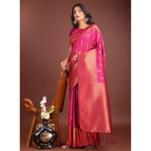 Banarasi Silk Printed Saree With Unstitched Blouse 5.5Mtr (Magenta)