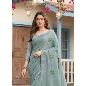 Linen Embroidered Saree With Unstitched Blouse 5.5Mtr (Sea Green)