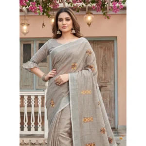 Linen Embroidered Saree With Unstitched Blouse 5.5Mtr (Light Beige)