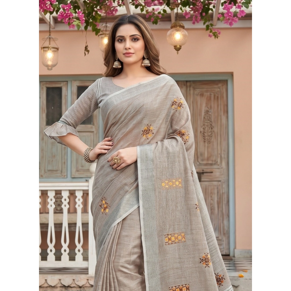 Linen Embroidered Saree With Unstitched Blouse 5.5Mtr (Light Beige)