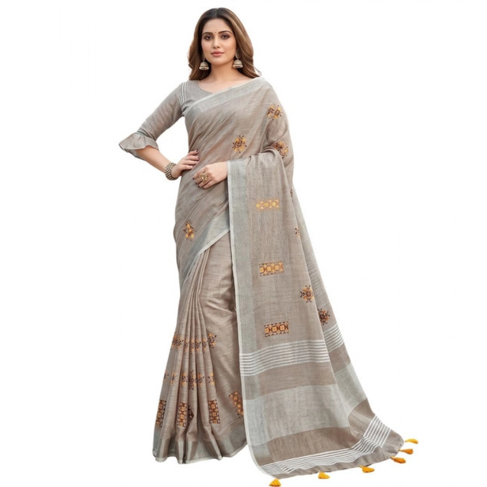 Linen Embroidered Saree With Unstitched Blouse 5.5Mtr (Light Beige) - Image 6