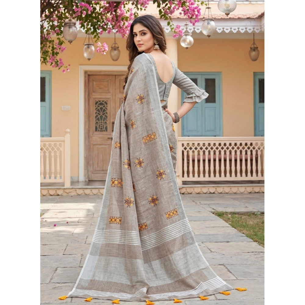 Linen Embroidered Saree With Unstitched Blouse 5.5Mtr (Light Beige) - Image 5