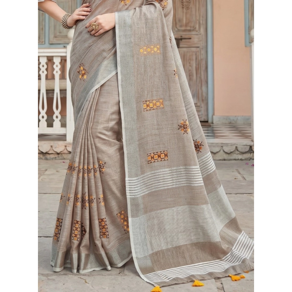 Linen Embroidered Saree With Unstitched Blouse 5.5Mtr (Light Beige) - Image 4