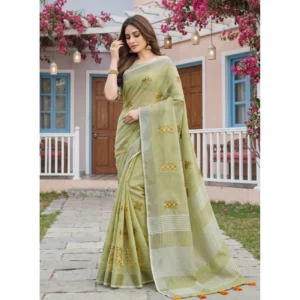 Linen Embroidered Saree With Unstitched Blouse 5.5Mtr (Light Green)