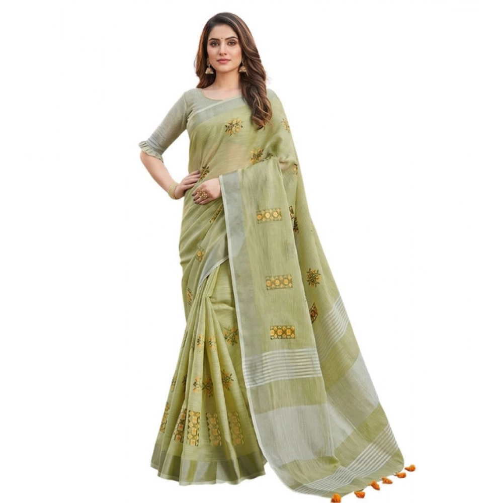 Linen Embroidered Saree With Unstitched Blouse 5.5Mtr (Light Green) - Image 6
