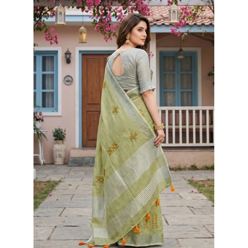 Linen Embroidered Saree With Unstitched Blouse 5.5Mtr (Light Green) - Image 5