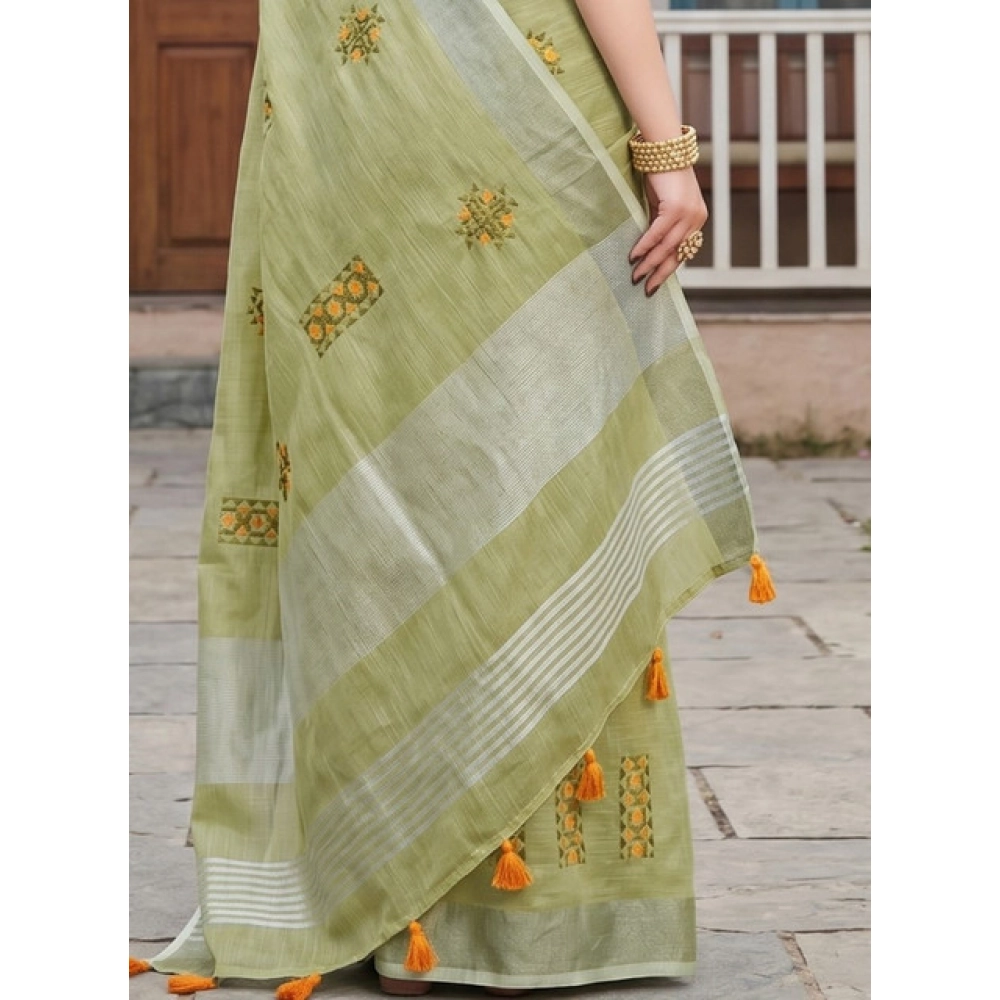 Linen Embroidered Saree With Unstitched Blouse 5.5Mtr (Light Green) - Image 4