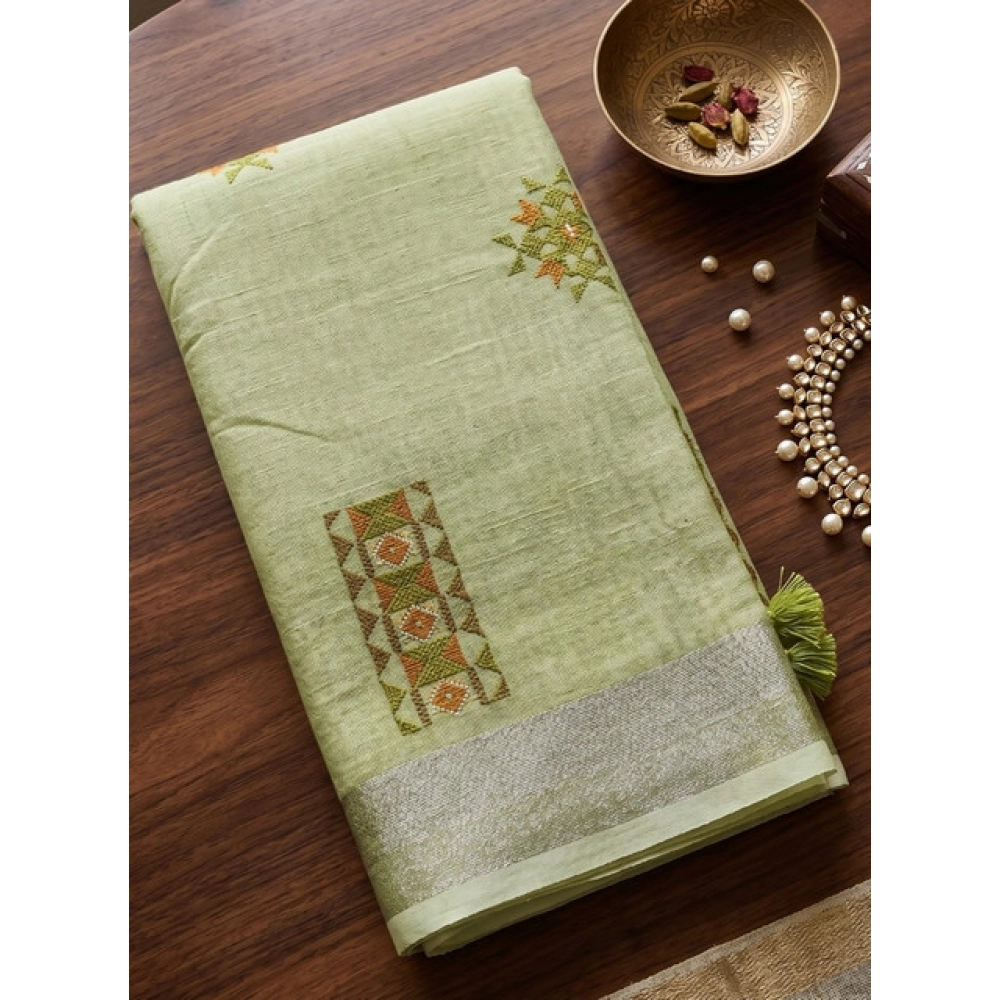 Linen Embroidered Saree With Unstitched Blouse 5.5Mtr (Light Green) - Image 2