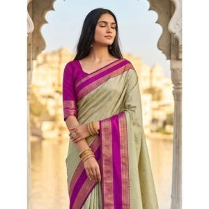 Silk Blend Printed Saree With Unstitched Blouse 5.5Mtr (Light Green-Pink)