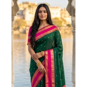 Silk Blend Printed Saree With Unstitched Blouse 5.5Mtr (Dark Green-Pink)
