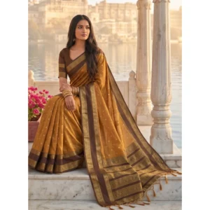 Silk Blend Printed Saree With Unstitched Blouse 5.5Mtr (Mustard-Brown)