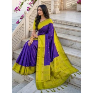 Silk Blend Printed Saree With Unstitched Blouse 5.5Mtr (Purple-Green)