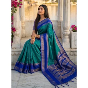 Silk Blend Printed Saree With Unstitched Blouse 5.5Mtr (Teal-Blue)