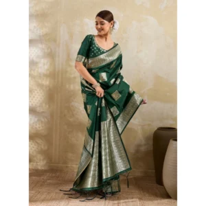 Silk Blend Printed Saree With Unstitched Blouse 5.5Mtr (Dark Green)