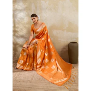 Silk Blend Printed Saree With Unstitched Blouse 5.5Mtr (Orange)