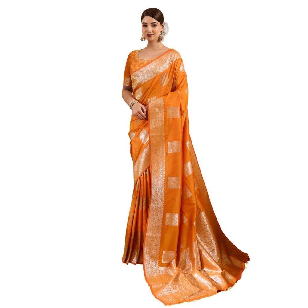 Silk Blend Printed Saree With Unstitched Blouse 5.5Mtr (Orange) - Image 6