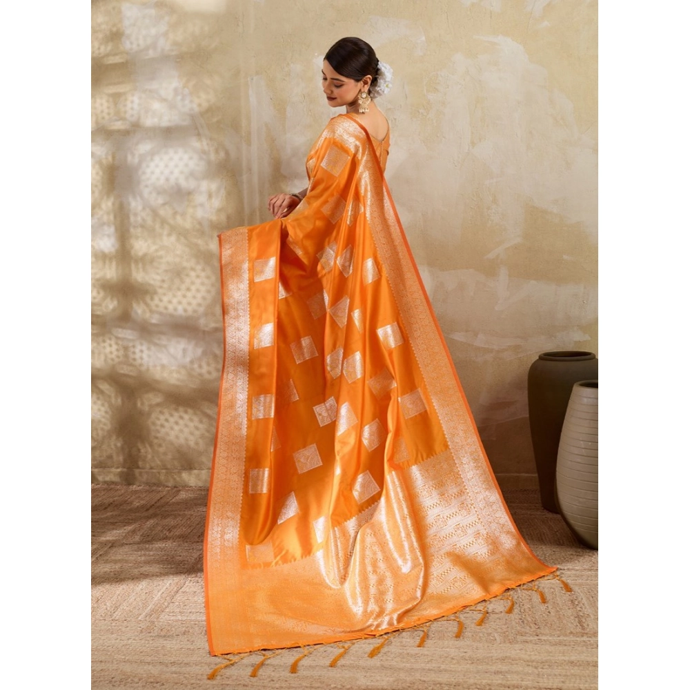 Silk Blend Printed Saree With Unstitched Blouse 5.5Mtr (Orange) - Image 5