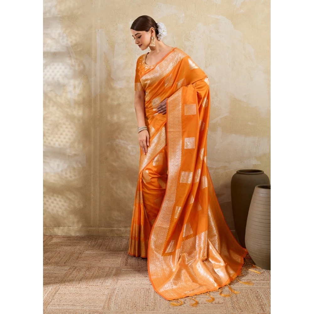 Silk Blend Printed Saree With Unstitched Blouse 5.5Mtr (Orange) - Image 4