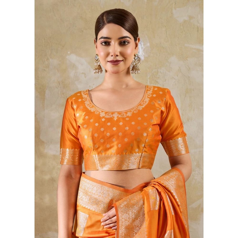 Silk Blend Printed Saree With Unstitched Blouse 5.5Mtr (Orange) - Image 3