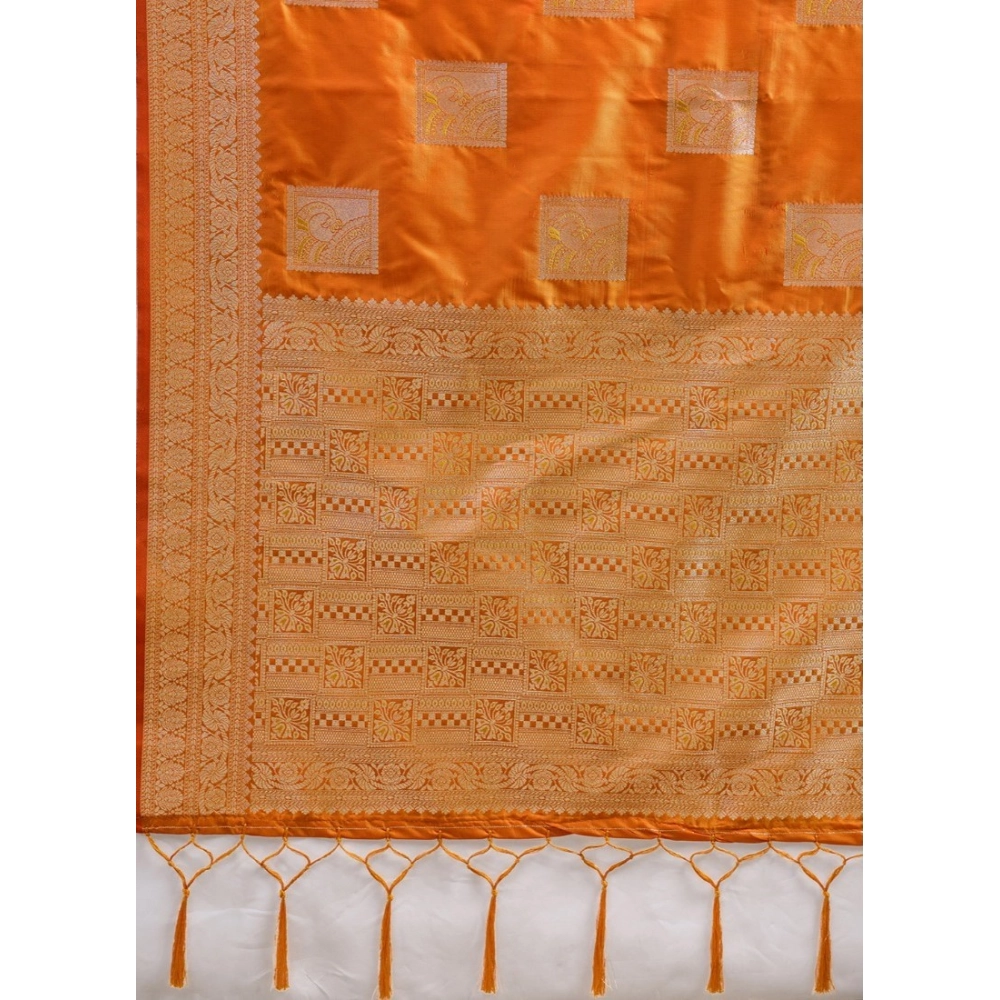 Silk Blend Printed Saree With Unstitched Blouse 5.5Mtr (Orange) - Image 2