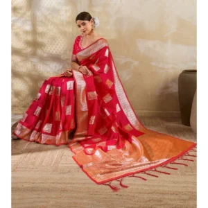 Silk Blend Printed Saree With Unstitched Blouse 5.5Mtr (Red)