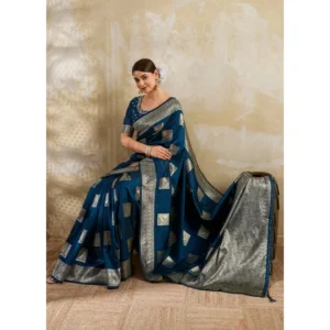 Silk Blend Printed Saree With Unstitched Blouse 5.5Mtr (Teal Blue)