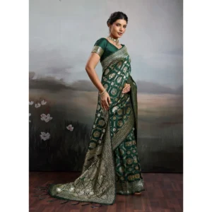 Silk Blend Printed Saree With Unstitched Blouse 5.5Mtr (Bottel Green)