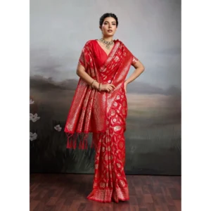 Silk Blend Printed Saree With Unstitched Blouse 5.5Mtr (Red)