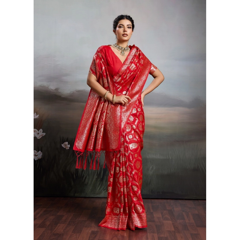 Silk Blend Printed Saree With Unstitched Blouse 5.5Mtr (Red)
