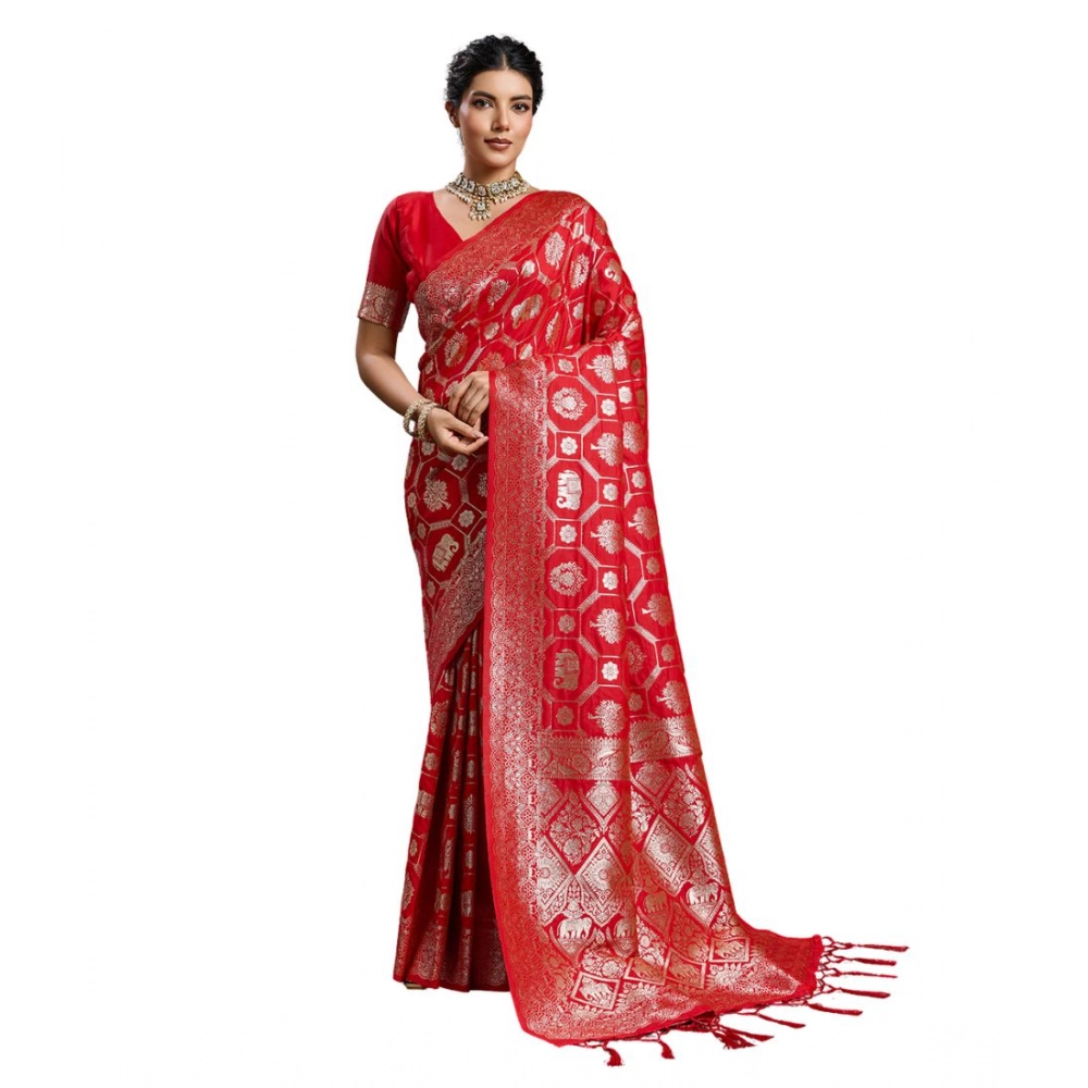 Silk Blend Printed Saree With Unstitched Blouse 5.5Mtr (Red) - Image 6
