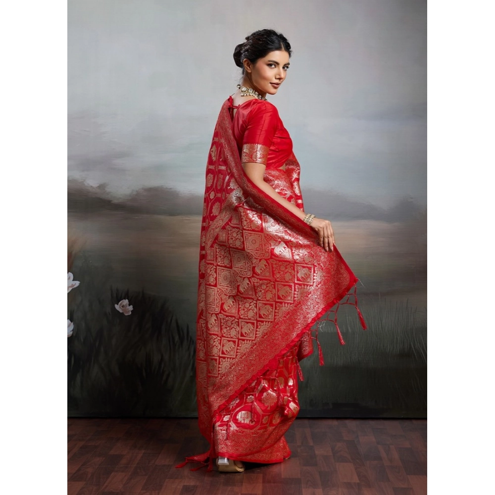 Silk Blend Printed Saree With Unstitched Blouse 5.5Mtr (Red) - Image 5