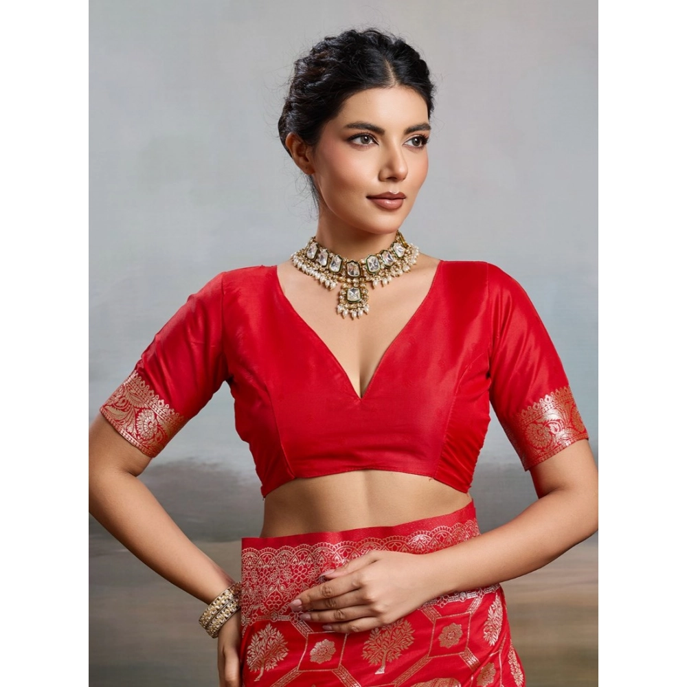 Silk Blend Printed Saree With Unstitched Blouse 5.5Mtr (Red) - Image 4