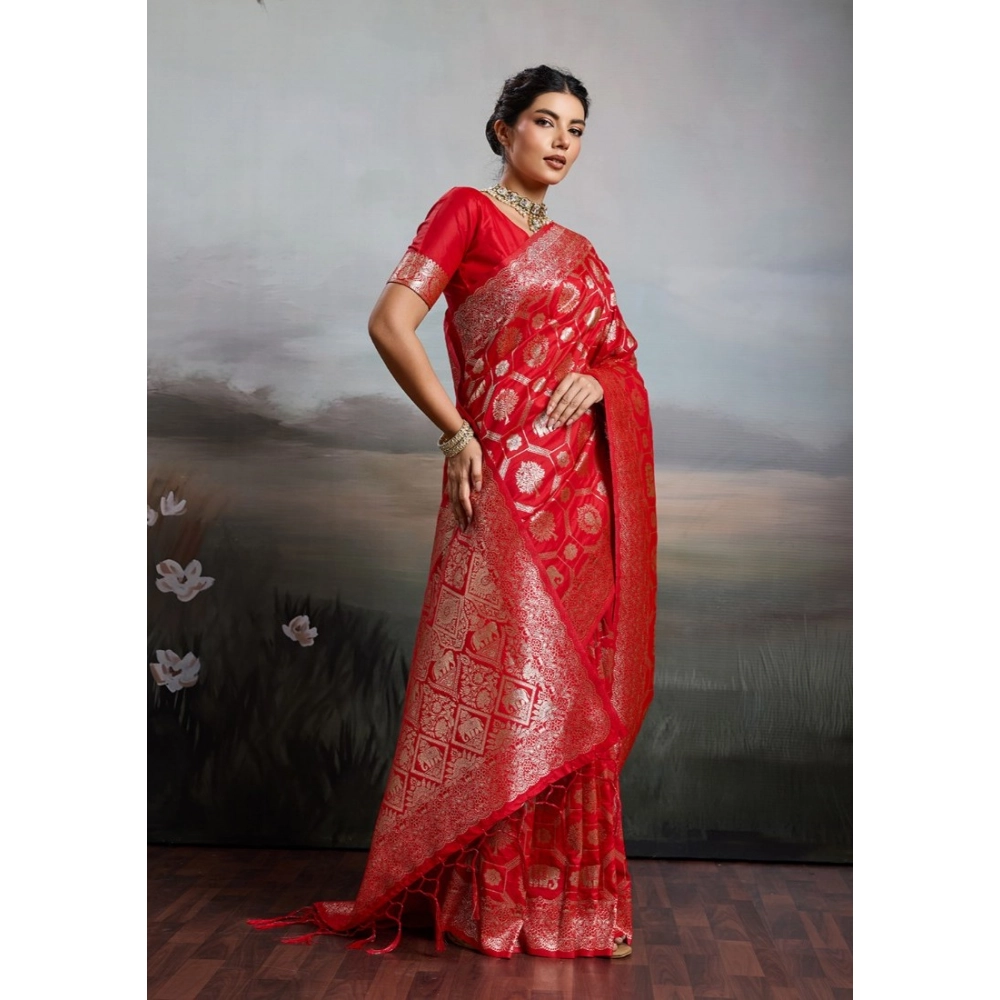 Silk Blend Printed Saree With Unstitched Blouse 5.5Mtr (Red) - Image 3
