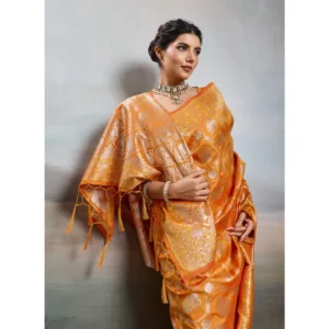 Silk Blend Printed Saree With Unstitched Blouse 5.5Mtr (Orange)