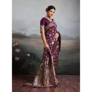 Silk Blend Printed Saree With Unstitched Blouse 5.5Mtr (Wine)