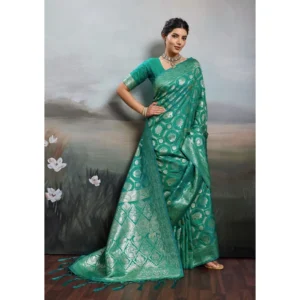 Silk Blend Printed Saree With Unstitched Blouse 5.5Mtr (Rama Green)