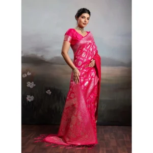 Silk Blend Printed Saree With Unstitched Blouse 5.5Mtr (Pink)