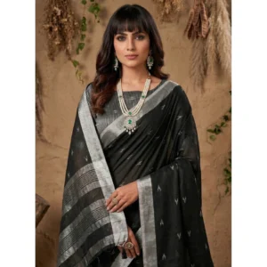 Linen Cotton Printed Saree With Unstitched Blouse 5.5Mtr (Black)