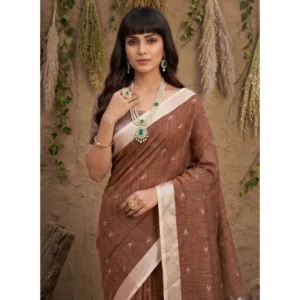 Linen Cotton Printed Saree With Unstitched Blouse 5.5Mtr (Brown)
