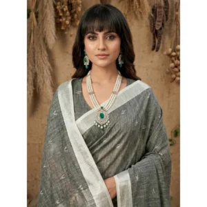 Linen Cotton Printed Saree With Unstitched Blouse 5.5Mtr (Gray)