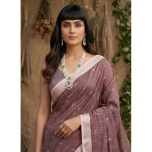 Linen Cotton Printed Saree With Unstitched Blouse 5.5Mtr (Purple)
