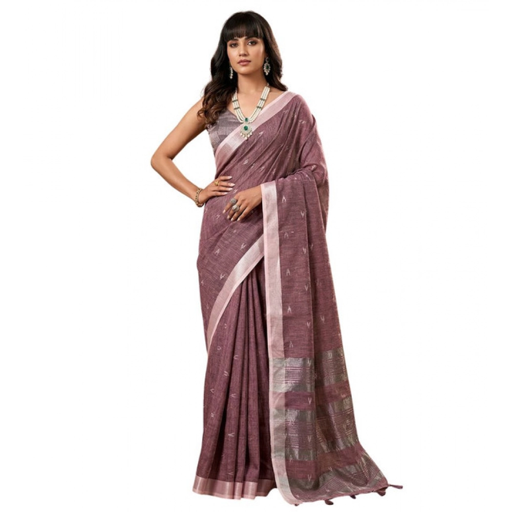 Linen Cotton Printed Saree With Unstitched Blouse 5.5Mtr (Purple) - Image 3