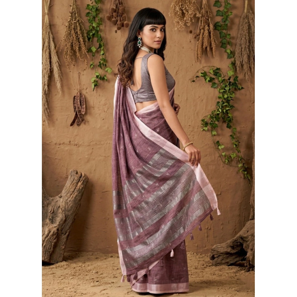 Linen Cotton Printed Saree With Unstitched Blouse 5.5Mtr (Purple) - Image 2