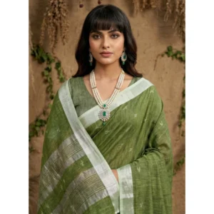 Linen Cotton Printed Saree With Unstitched Blouse 5.5Mtr (Green)
