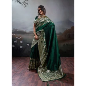 Silk Blend Printed Saree With Unstitched Blouse 5.5Mtr (Dark Green)