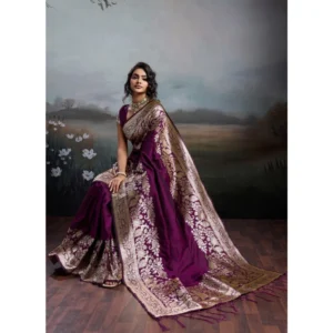 Silk Blend Printed Saree With Unstitched Blouse 5.5Mtr (Wine)