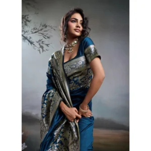 Silk Blend Printed Saree With Unstitched Blouse 5.5Mtr (Navy Blue)